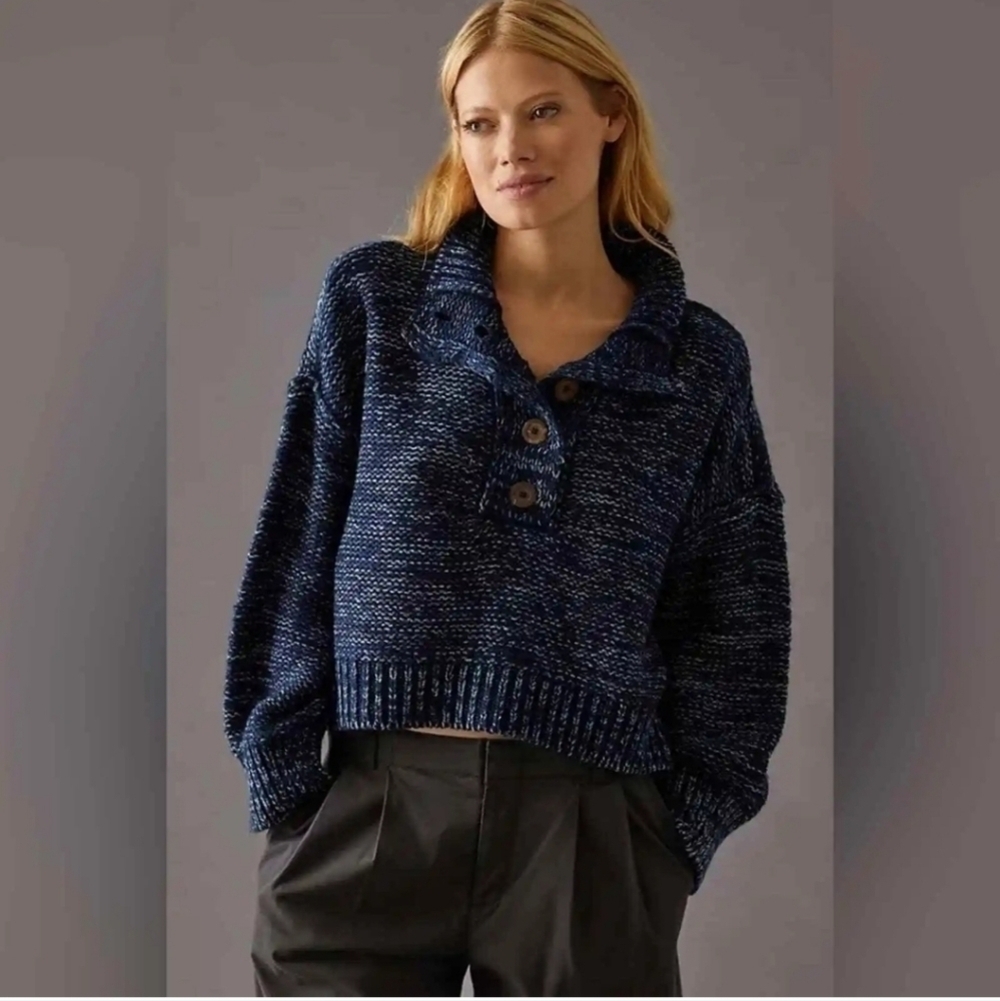 Anthropologie Pilcro Mega Henley Sweater Button Up Blue Heathered Knit, SZ 3XL